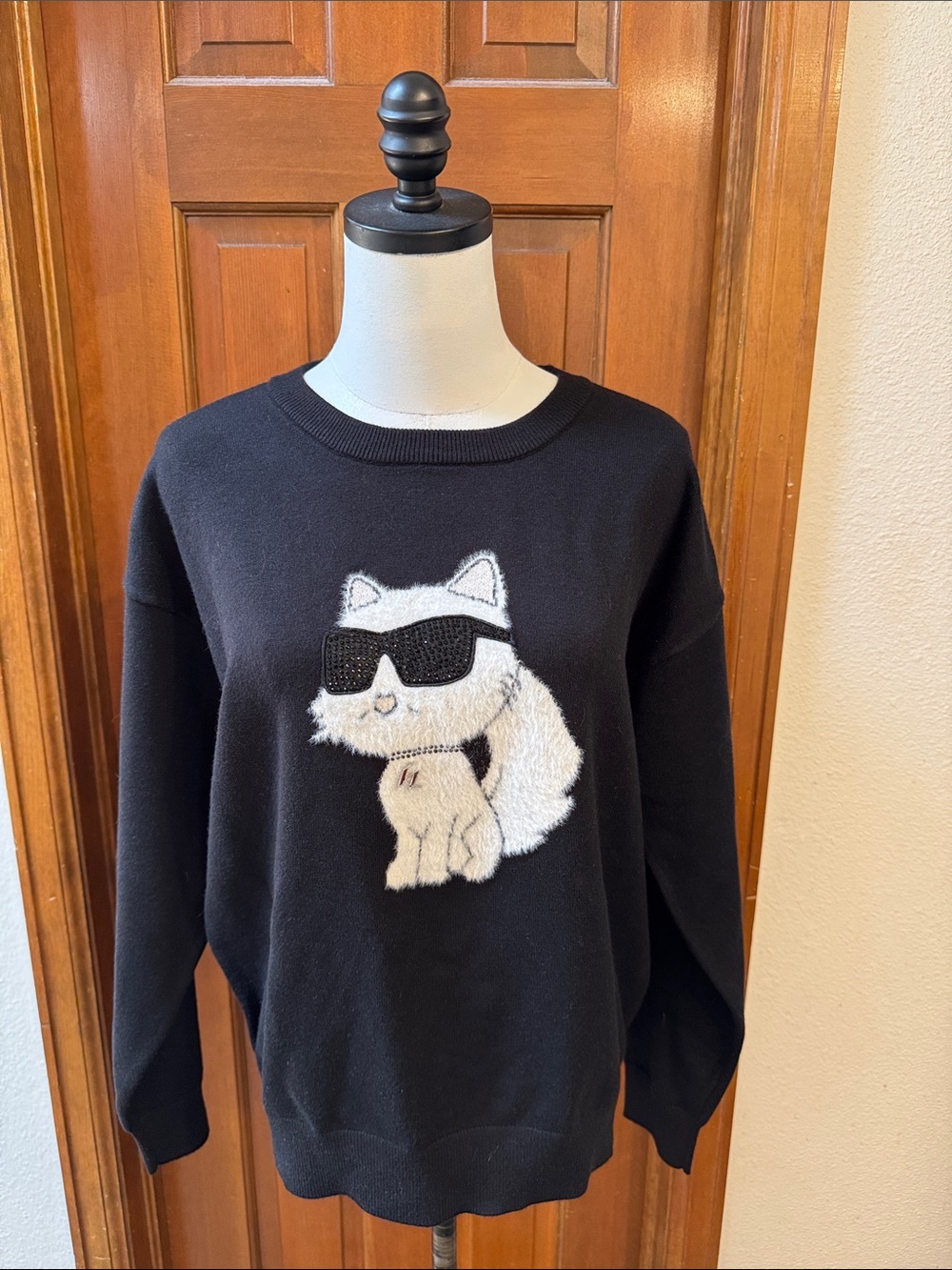NWT Karl Lagerfeld Black Knit Sweater with White Logo Label Size M